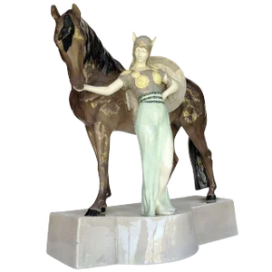 1930s Ceramic Valkyrie and Horse Sculpture by Stanislaus Capeque for Goldscheider