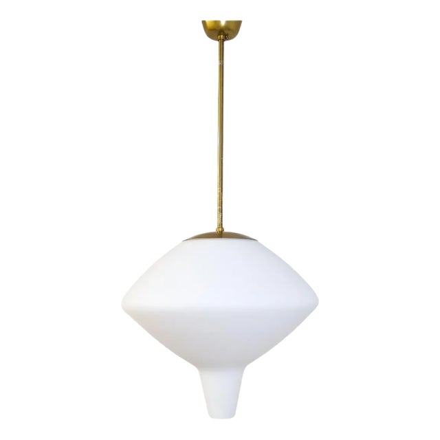 Large Mid-Century Modern Opaline & Brass Pendant from Asea, Sweden, 1940s For Sale