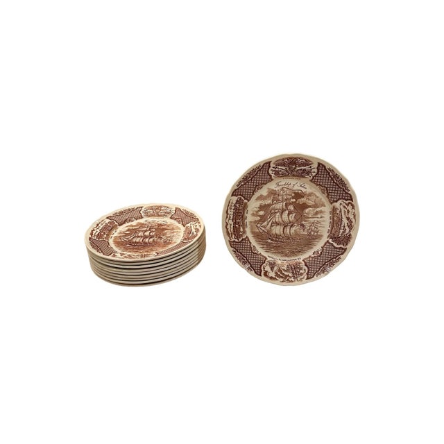 Meakin & Co. Vintage Alfred Meakin Staffordshire Fair Winds The Friendship of Salem Brown Dinner Plates - Set of 10 For Sale - Image 4 of 11