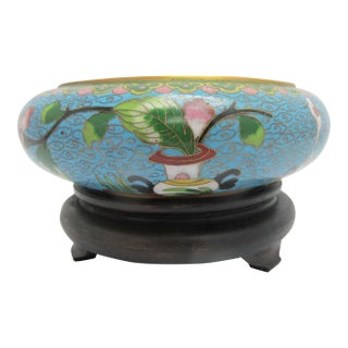 Chinese Turquoise Cloisonne Vase Flower Brush Washer Bowl Custom Stand For Sale