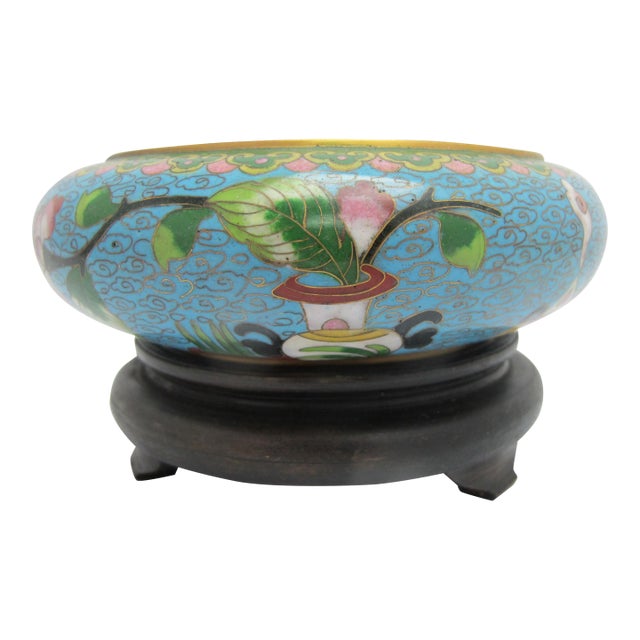 Chinese Turquoise Cloisonne Vase Flower Brush Washer Bowl Custom Stand For Sale