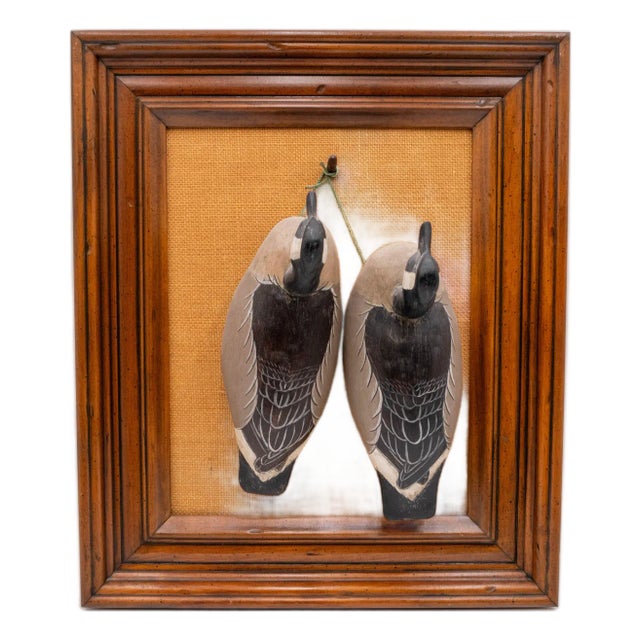 Pair of Canada Geese Decoys Mounted on Frame Signed J. E. Hoker For Sale