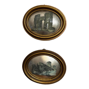 Early 20th Century Vintage Italian Souvenir of Grand Tour Roman Architecture Framed on Glass, - A Pair