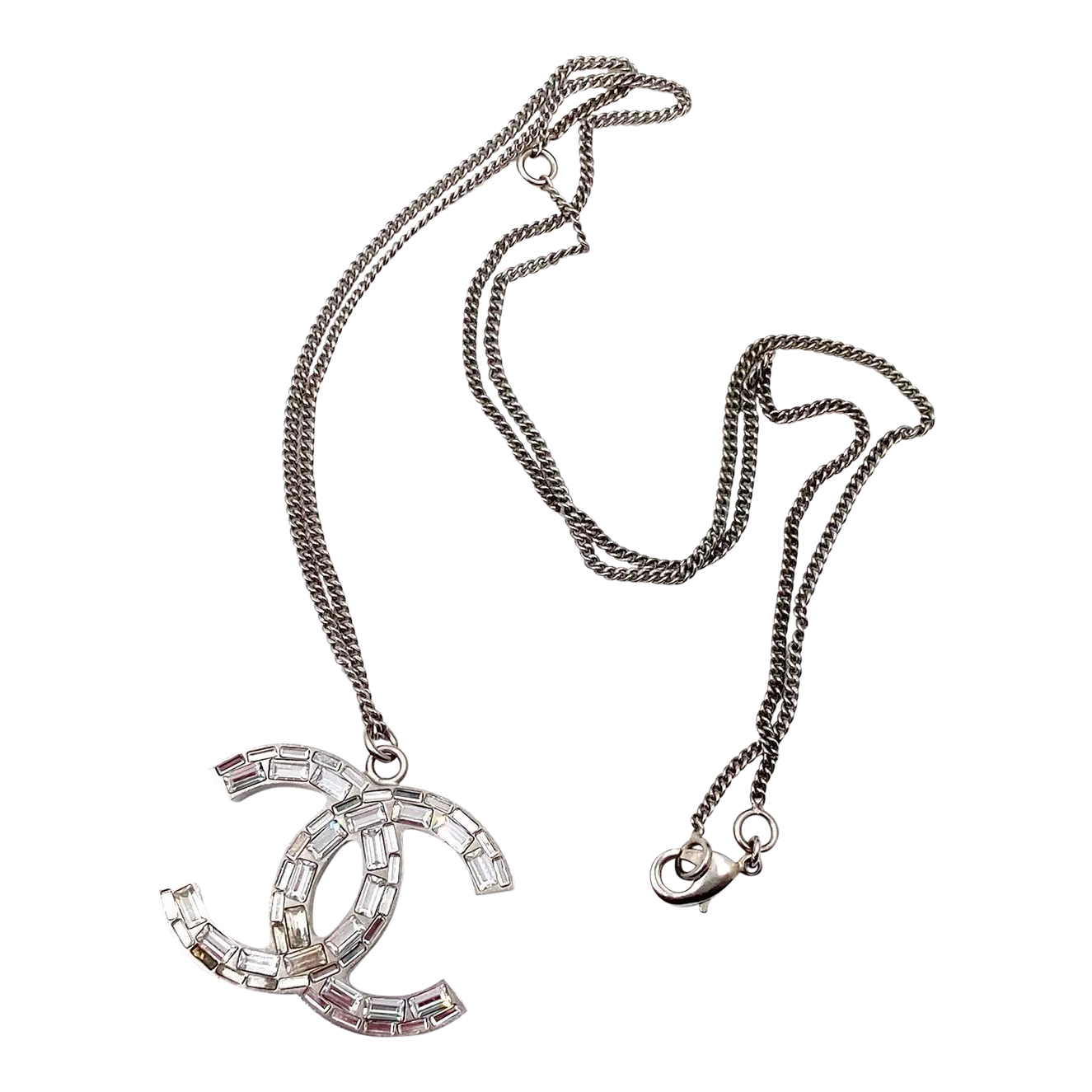 Chanel Silver CC Baguette Crystal Glitter 2 Face Necklace | Chairish