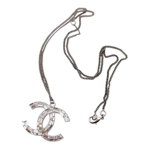 Chanel Silver CC Baguette Crystal Glitter 2 Face Necklace