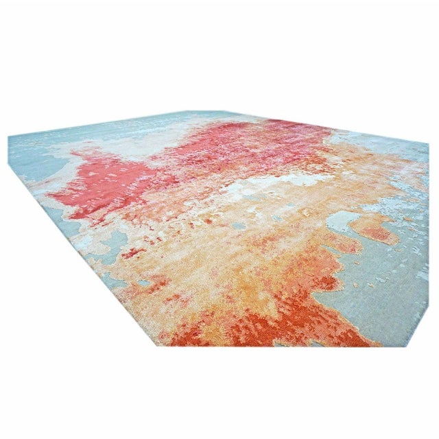 Indo-Nepalese Modern Wool & Silk 9x12 Grey, Orange, & Red Handmade Area Rug #1144036 For Sale - Image 4 of 9