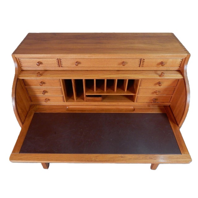 Hans Wegner Fritz Hansen Danish Modern Teak Writing Desk by Andreas Hansen, 1960's Masterpiece W/Roll Top For Sale - Image 4 of 12