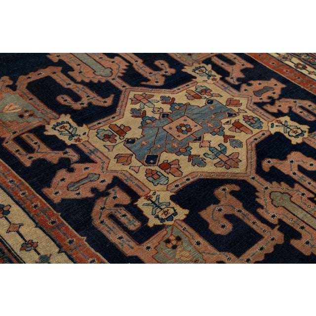 Late 19th Century 1880s Antique Persian Serapi Blue Wool Rug Featuring a Medallion Design For Sale - Image 5 of 10
