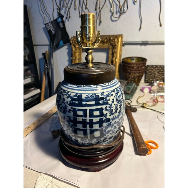 Wood Antique Blue and White Ginger Jar Lamp For Sale - Image 7 of 7