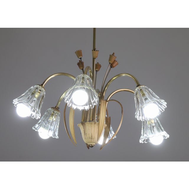 1950 Art Decò Murano Glass and Brass Chandelier, 6 Light For Sale - Image 15 of 18