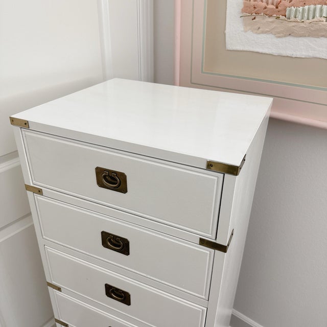 Metal 1960s Thomasville Vintage Hollywood Regency White & Gold Campaign Tall Lingerie Dresser Chest For Sale - Image 7 of 9