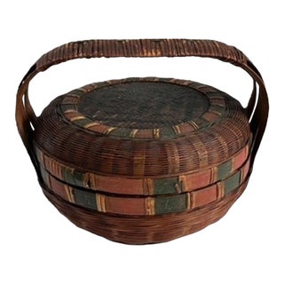 Antique Chinese Rattan Lidded Sewing Basket Asian Decor For Sale