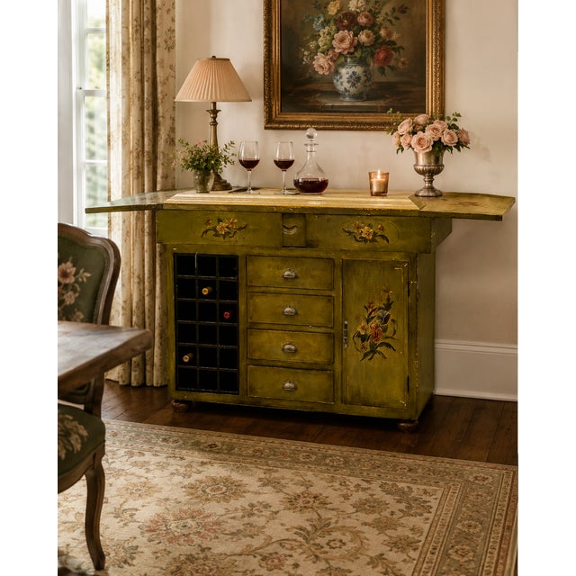 Vintage Solid Wood Hand Painted Wine Bar Cabinet Freestanding Counter Kitchen Island Kindly note photo number two (2) is a...