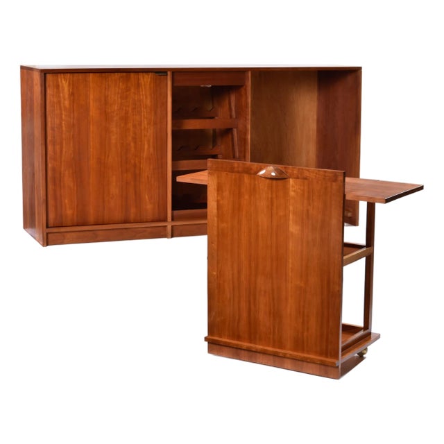 Custom Made Buffet Credenza With Lighted Wine Bar and Hidden Bar Cart For Sale