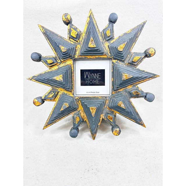 Hollywood Regency Brutalist Style Wynne Home Dark Teal & Gold Starburst 4x4 Photo Frame For Sale - Image 3 of 5