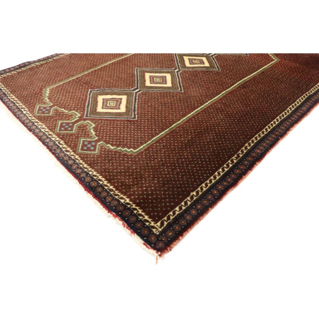 Vintage Persian Afshar Rug with Mid-Century Modern Style 02'11 x 03'07. Displaying balanced symmetry and a bold geometric...