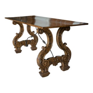 Contemporary Built Spanish Style Walnut Formations Trieste Console Table With Lyre Legs - 1990s For Sale