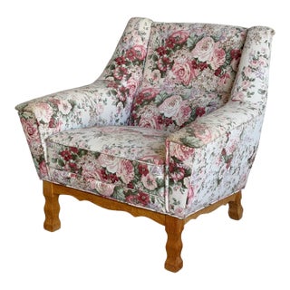 Floral Upholstered Lounge Chair Danish Mid-Century Modern 1970s For Sale