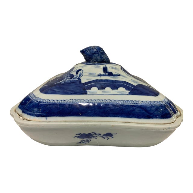 18th Century Antique Chinese Canton Blue & White Porcelain Tureen-Qianlong For Sale