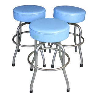 Retro Blue Leather Chrome Industrial Swivel Stools - Set of 3 For Sale