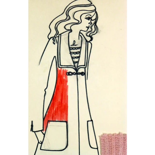 Charming ink and pencil fashion sketch of a long pink overcoat with clasp by Paris fashion house Création Corine Marie,...