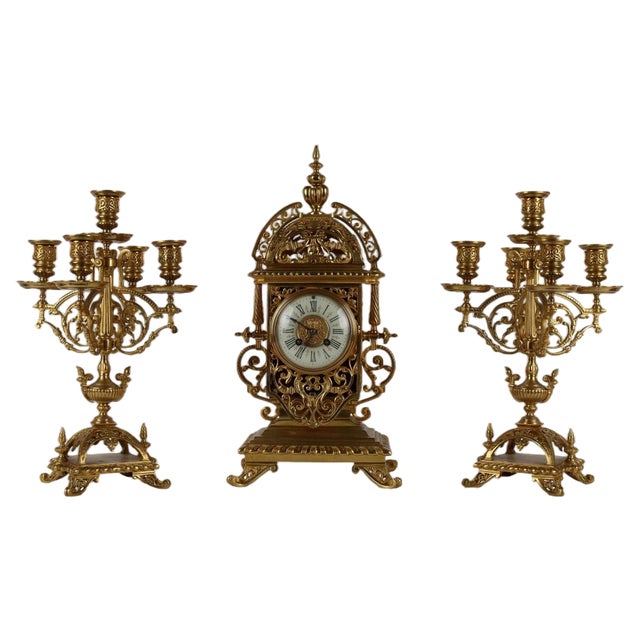Golden Bronze Triptych Clock, Set of 3 For Sale