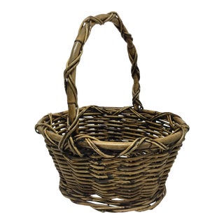 Vintage French Gathering Basket With Rattan X-Cross Weave and Black Wash Finish. For Sale