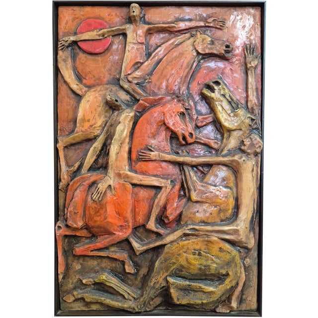 Large, hand-sculpted polychrome ceramic bas-relief by italian artist guerrino bardeggia (gabicce mare, 1937–2004). A...