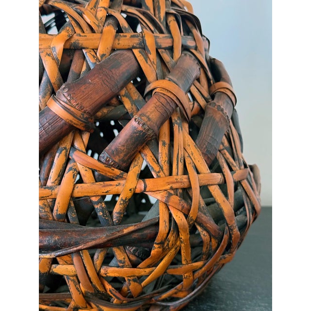 Antique Japanese Smoked Bamboo Basket Ikebana Mingei For Sale - Image 14 of 18