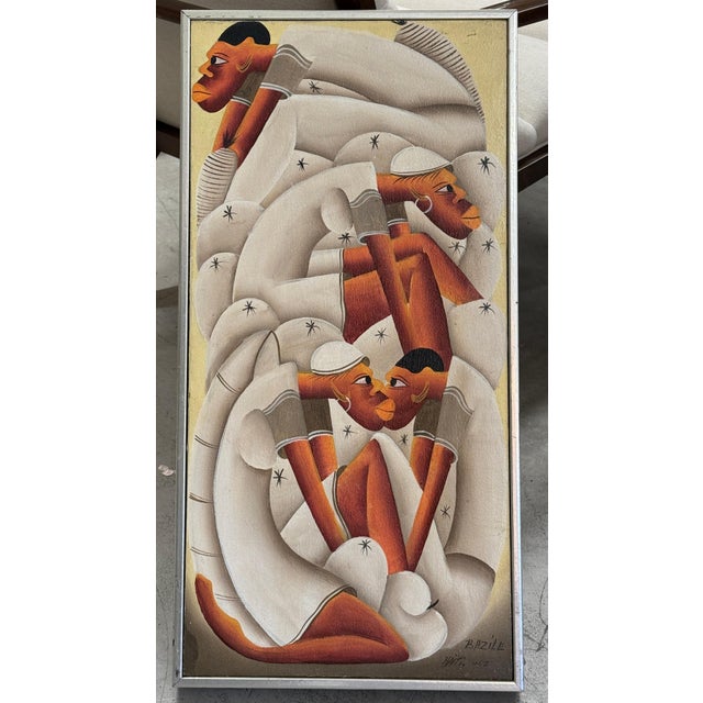 A nice whimsical painting signed Bazile Haiti W.I. It is after one of the most famous Haitian artists Laurent Casimir....