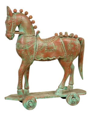 Vintage Indian Temple Two-Toned Wood Horse Toy on Wheels from Madras with Studs