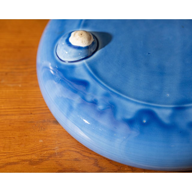 Blue 1920s Japanese Awaji Art Pottery Periwinkle Blue Footed Low Bowl For Sale - Image 8 of 9