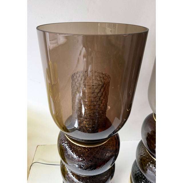 Pair of table or bedside brown smoke honeycomb glass shades, blown Murano glass and brass. Contemporary work from a small...
