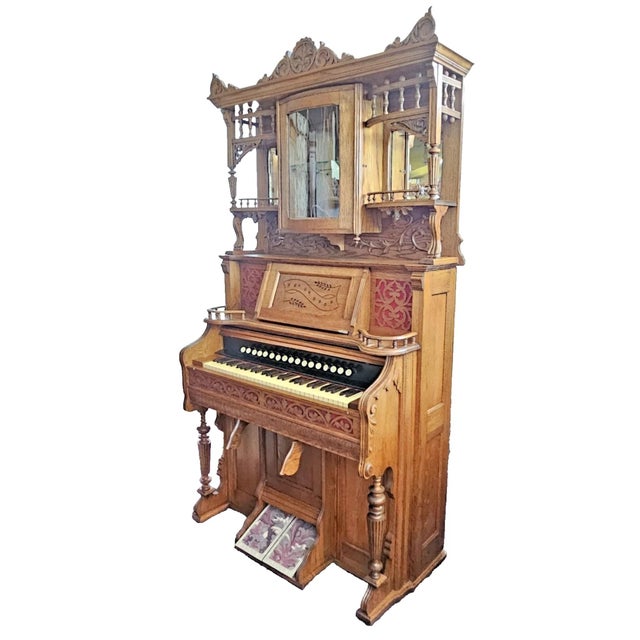 Antique Victorian 1880s Oak Beckwith Pump Organ W/ Bowed Glass Cabinet Stick & Ball For Sale - Image 4 of 12