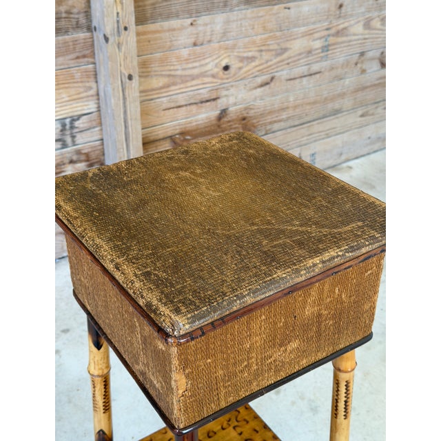 English Late 19th Century Restored Scorched Bamboo Sewing Stand With Woven Rattan Top For Sale - Image 3 of 11