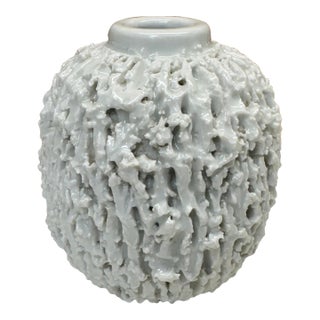 Rörstrand Gunnar Nylund Chamotte Art Pottery Vase White Blue Sweden Mid 20th Century 5" For Sale