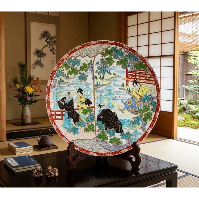 This magnificent antique hand made Japanese porcelain charger features intricate hand-painted artwork depicting...