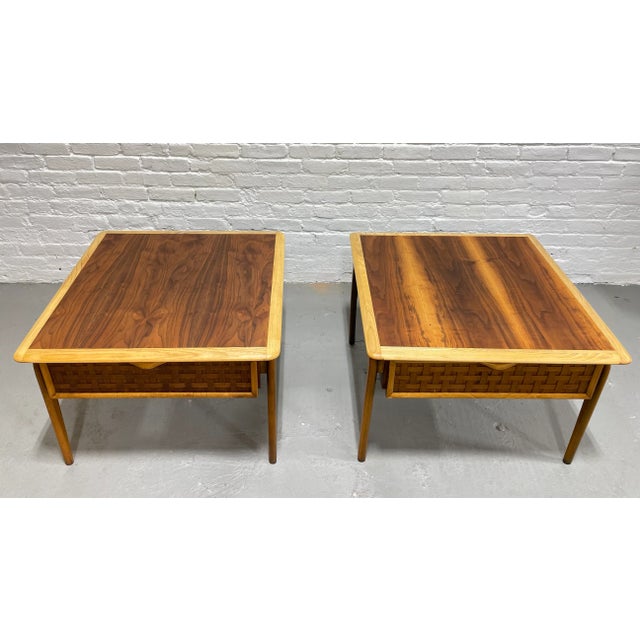 Mid Century Modern Walnut + Oak End Tables by Lane Perception, a Pair For Sale - Image 12 of 12