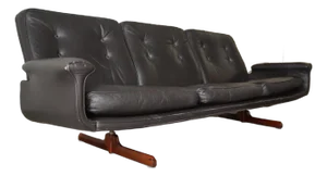 Mid Century Danish Brown Leather & Rosewood Sofa