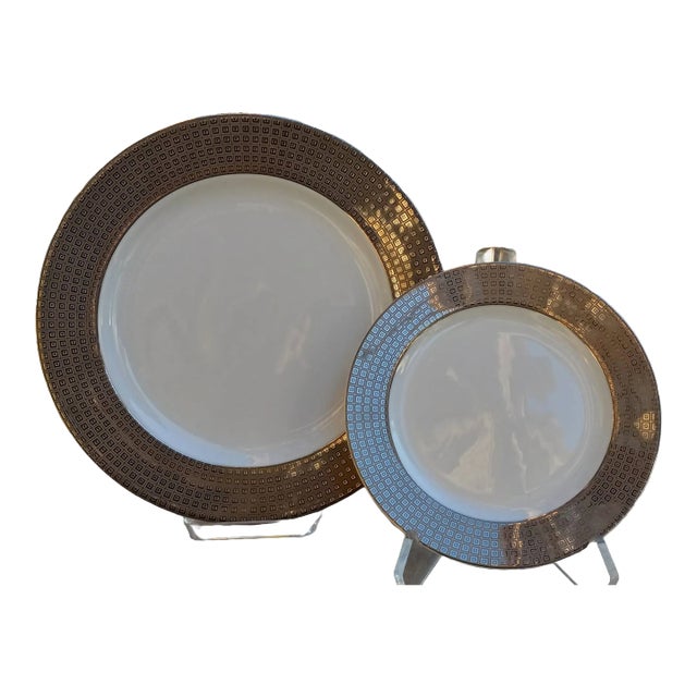 Bernardaud France Serving Charger & Salad Plate in Athena Platinum Pattern- Set of 2 For Sale