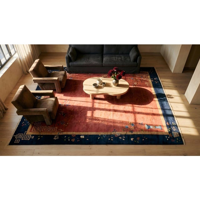 Beautiful Red and Blue Color With Flower Vases Design Antique Chinese Art Deco Rug For Sale - Image 10 of 10
