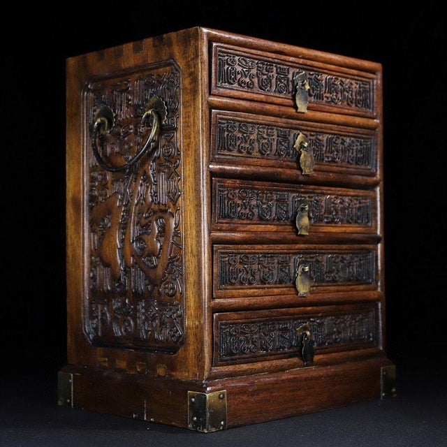 This is an exquisitely crafted, small-scale five-drawer cabinet (often referred to as an apothecary or treasure chest),...