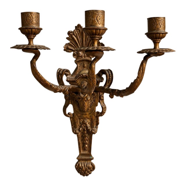 Antique 19th-Century Louis XVI Style Patinated Bronze Three-Light Wall Sconce For Sale