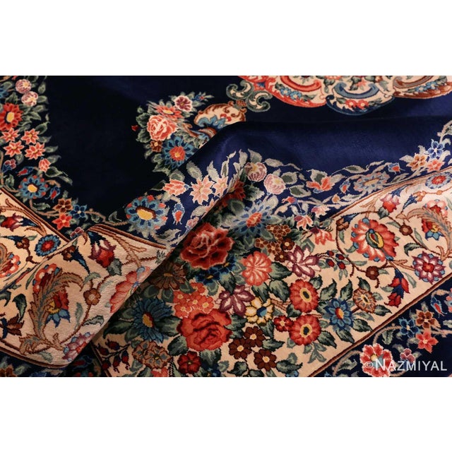 Nazmiyal Collection Blue Background Floral Vintage Persian Silk Qum Rug For Sale In New York - Image 6 of 7