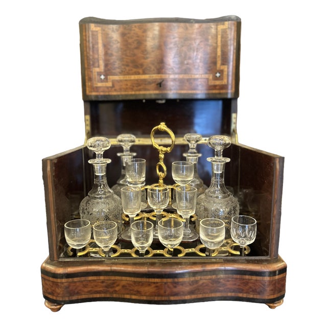 19th Century Walnut Burl Liquor Cabinet, Set of 21 For Sale