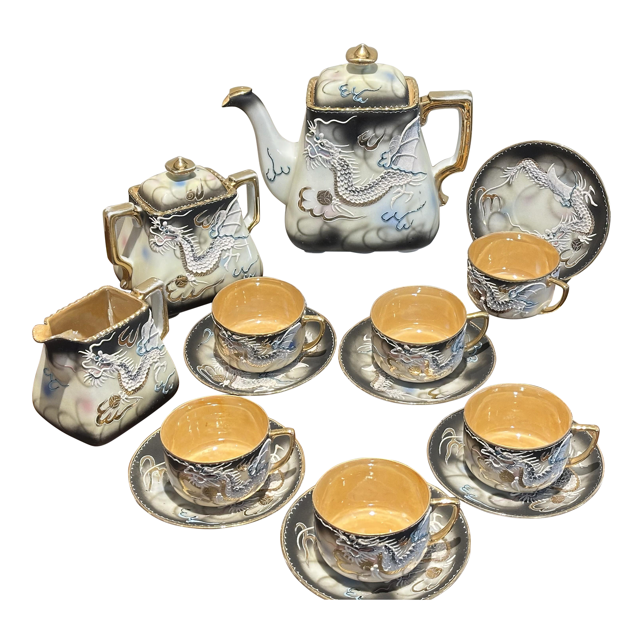 Japanese Dragonware Tea Set, 1930s Moriage Hand Painted Dragon Set