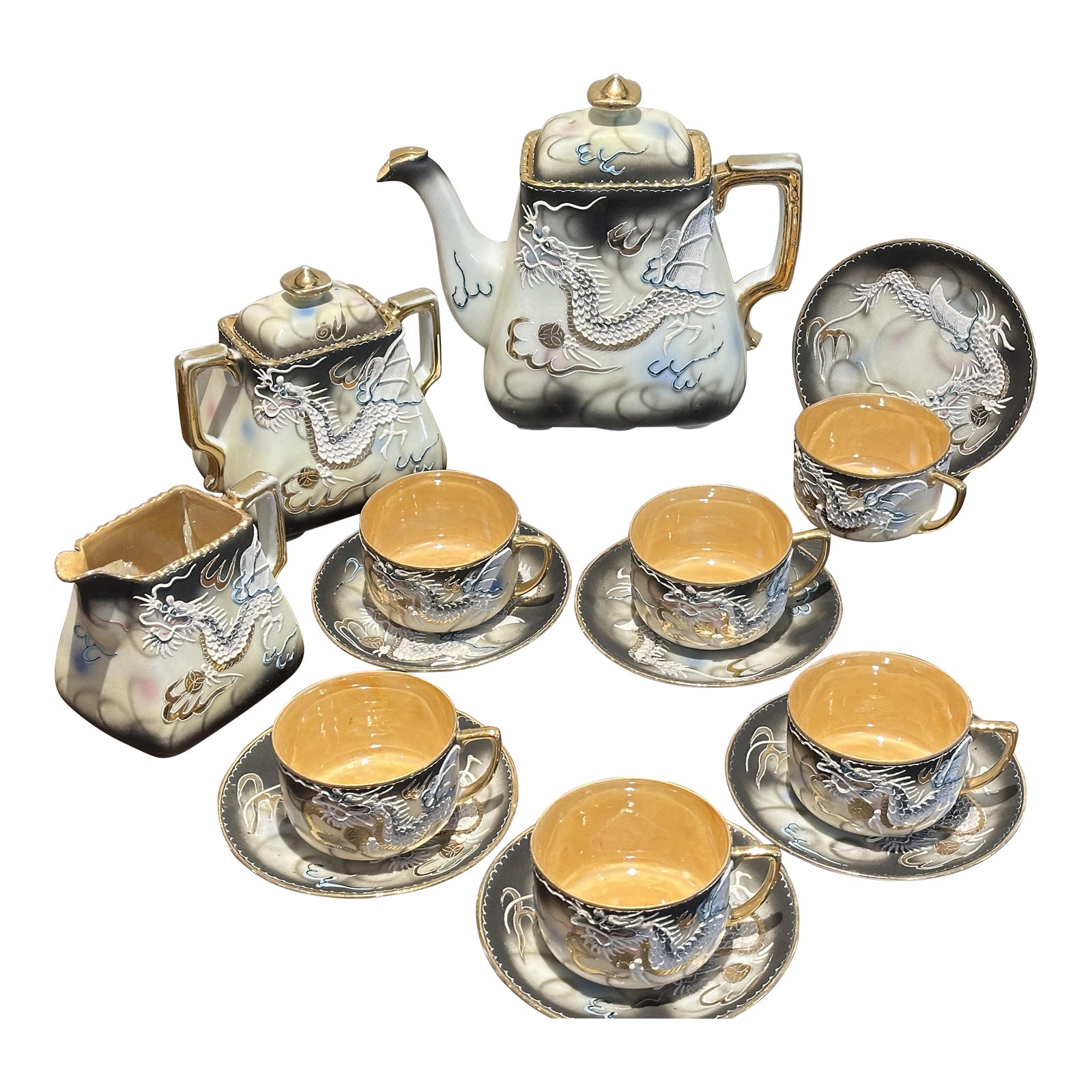 Japanese Dragonware Tea Set, 1930s Moriage Hand Painted Dragon Set