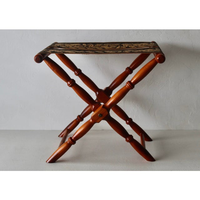 Vintage French Beechwood and Tapestry Folding Luggage Rack Nailhead Detail For Sale - Image 12 of 18