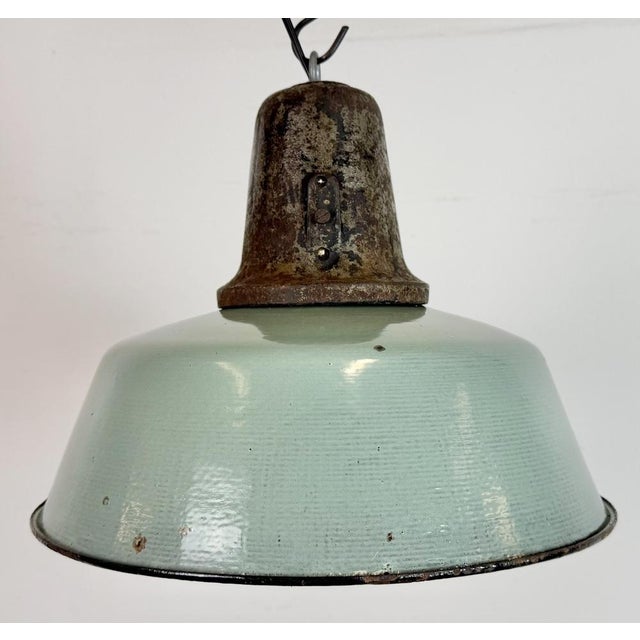 Green Industrial Petrol Enamel Factory Lamp with Cast Iron Top, 1960s For Sale - Image 8 of 18