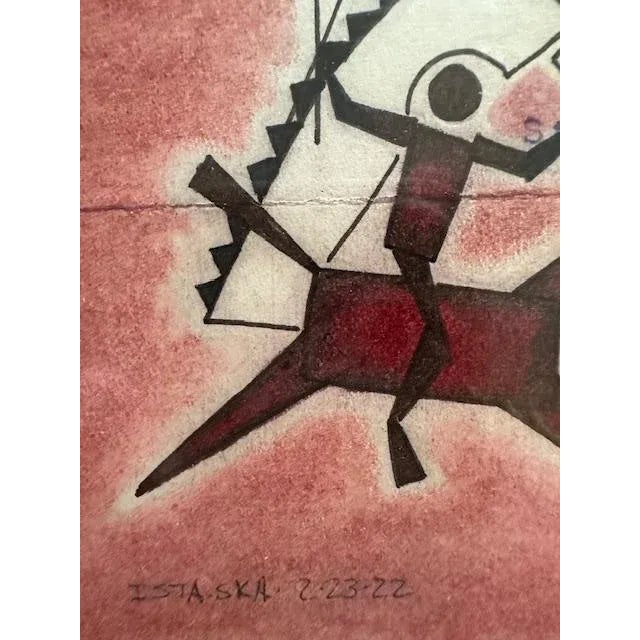A signed ledger drawing by Native American artist Travis Blackbird — pencil drawing on an old American school book page,...